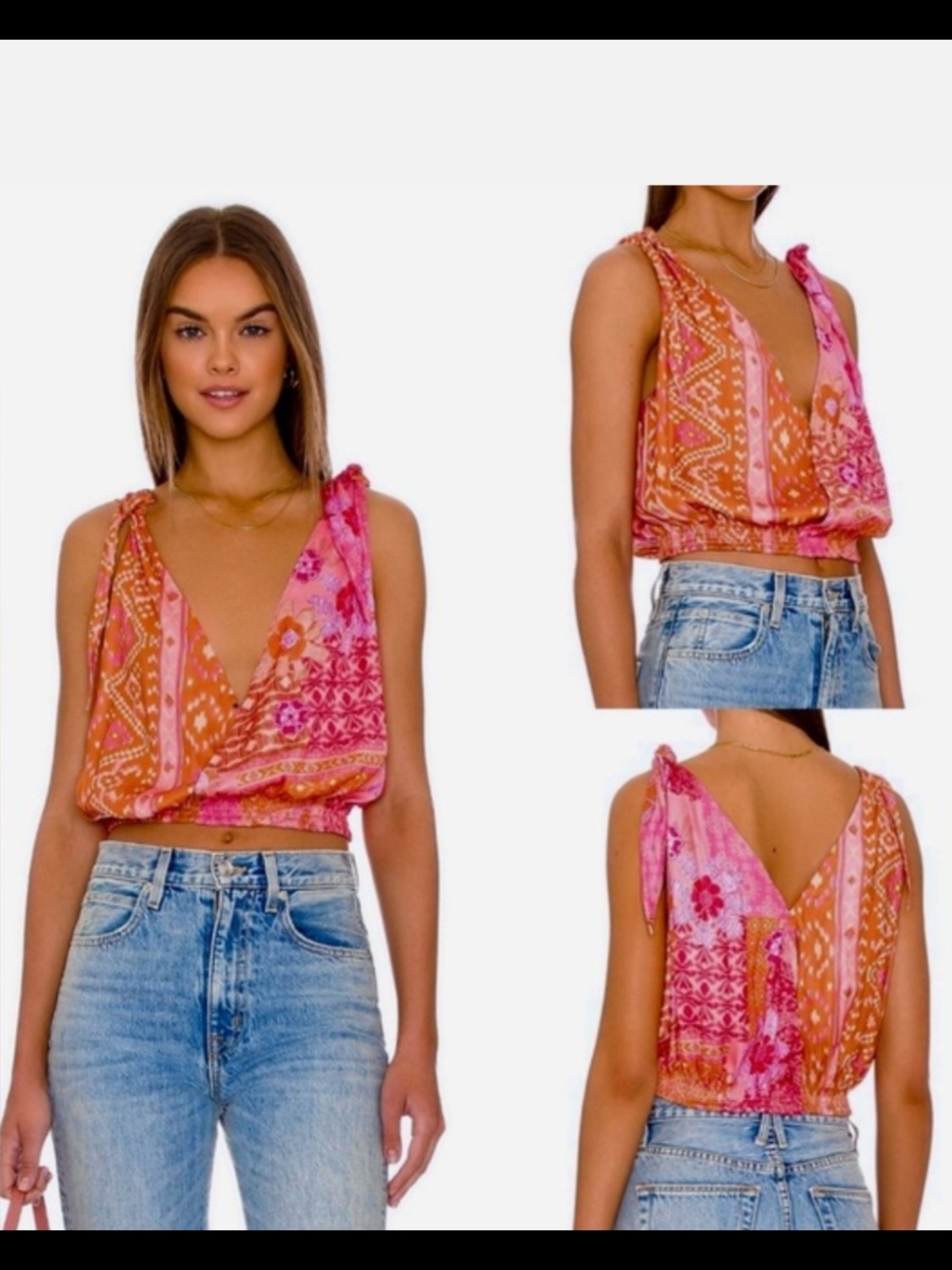 Free People Pink and Orange Printed Tie-Shoulder V-Neck Crop Top